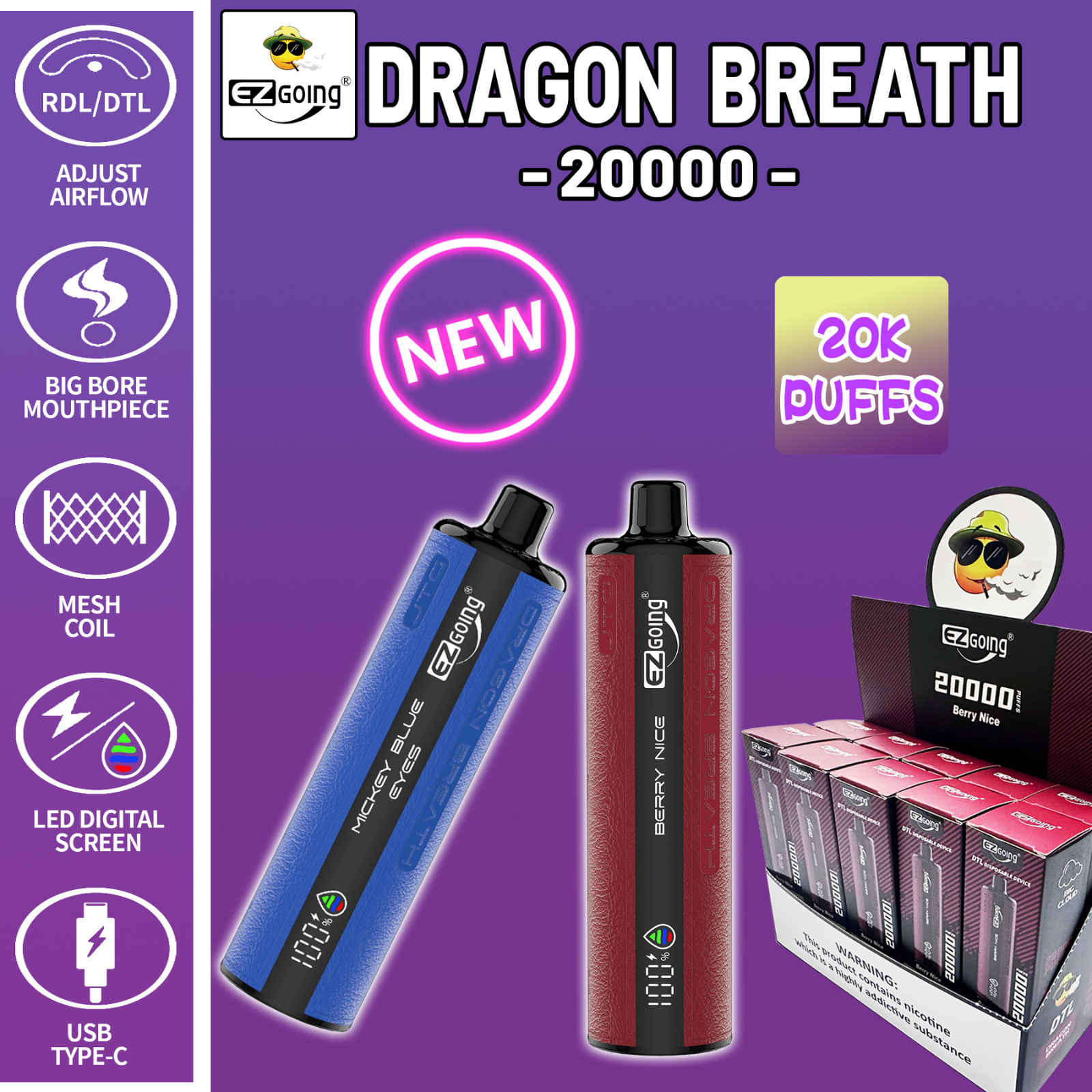 EZ GOING DTL 20000 Puffs Adjustable Airflow Disposable Vape E-Shisha 5% 50mg NIC