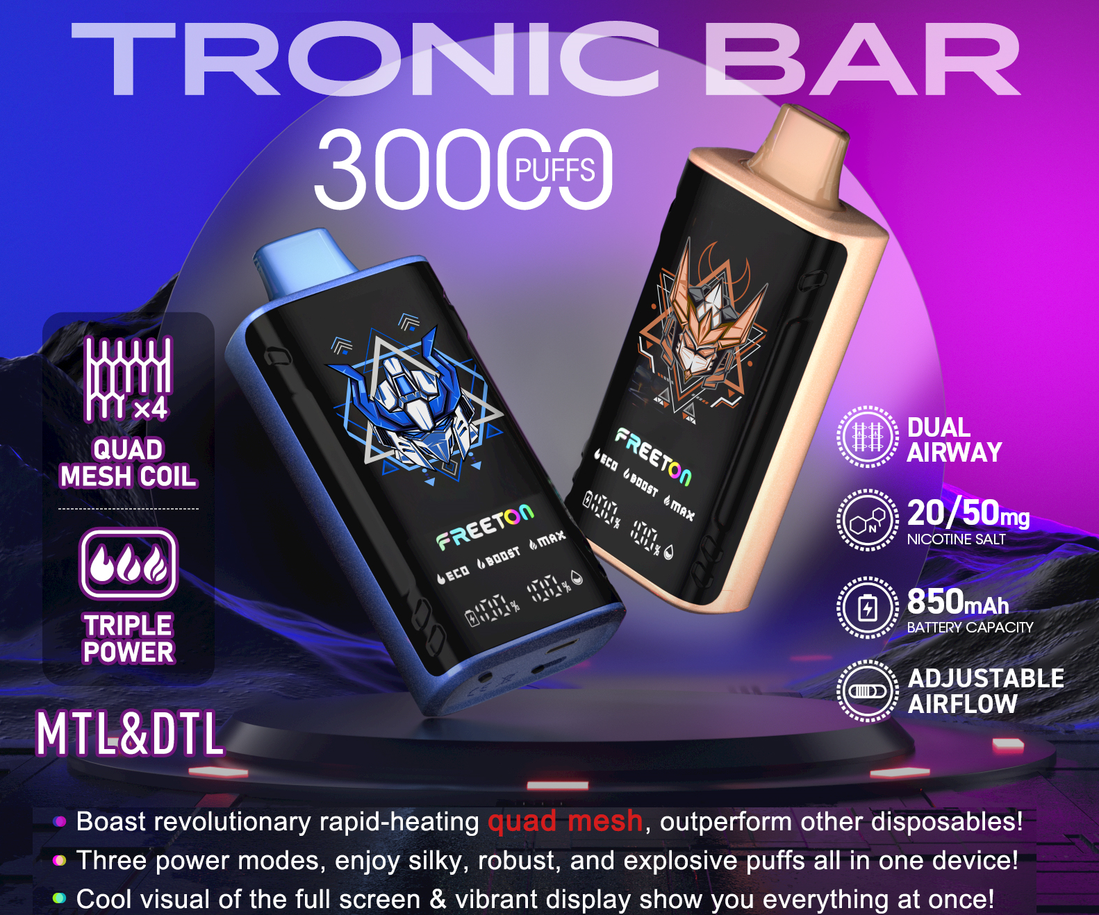 Freeton Tronic Bar MTL & DTL 30000 Puffs Disposable Vape 5% 50mg NIC Salt