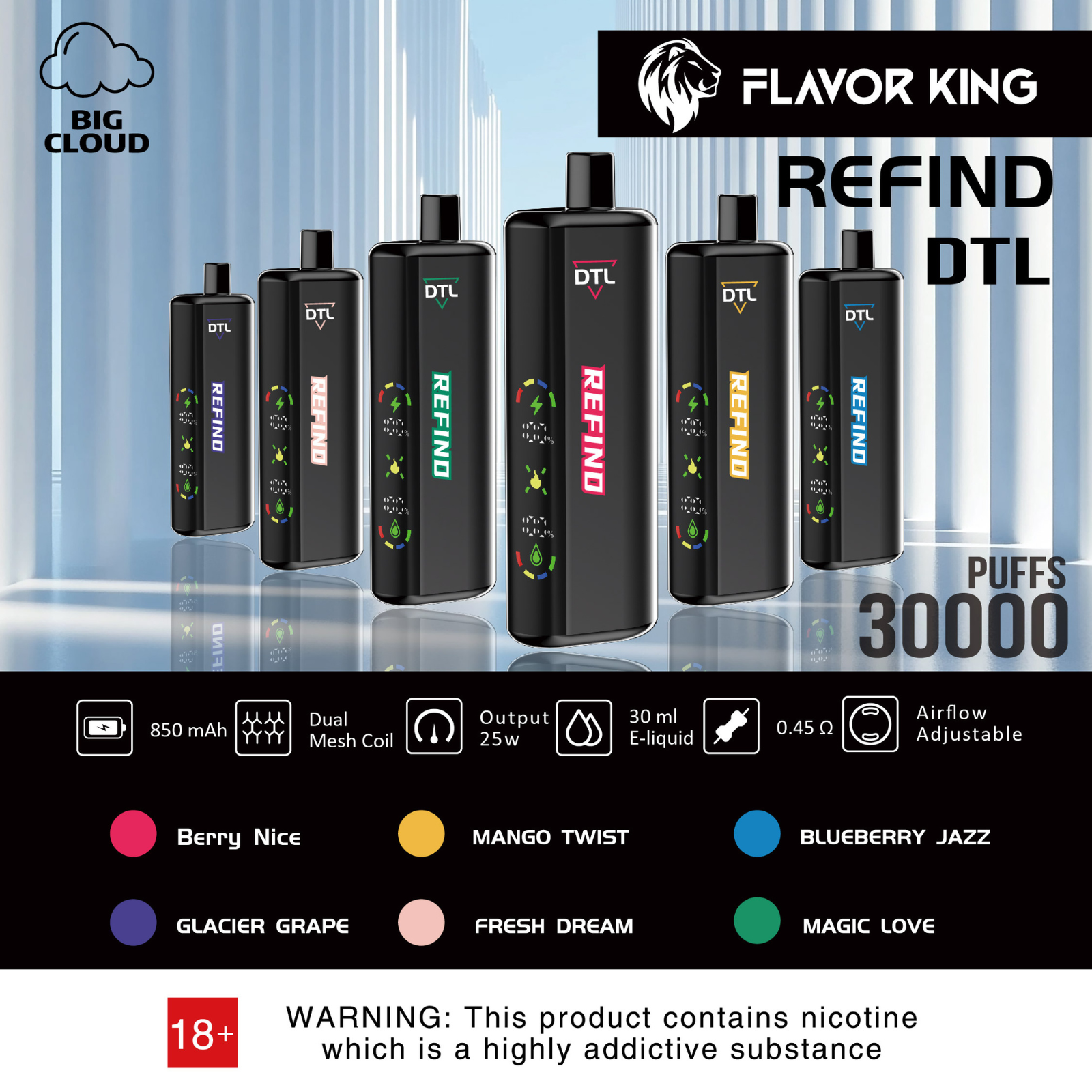 Flavor King DTL 30000 Puffs Adjustable Airflow Disposable Vape E-Shisha 5% 50mg NIC