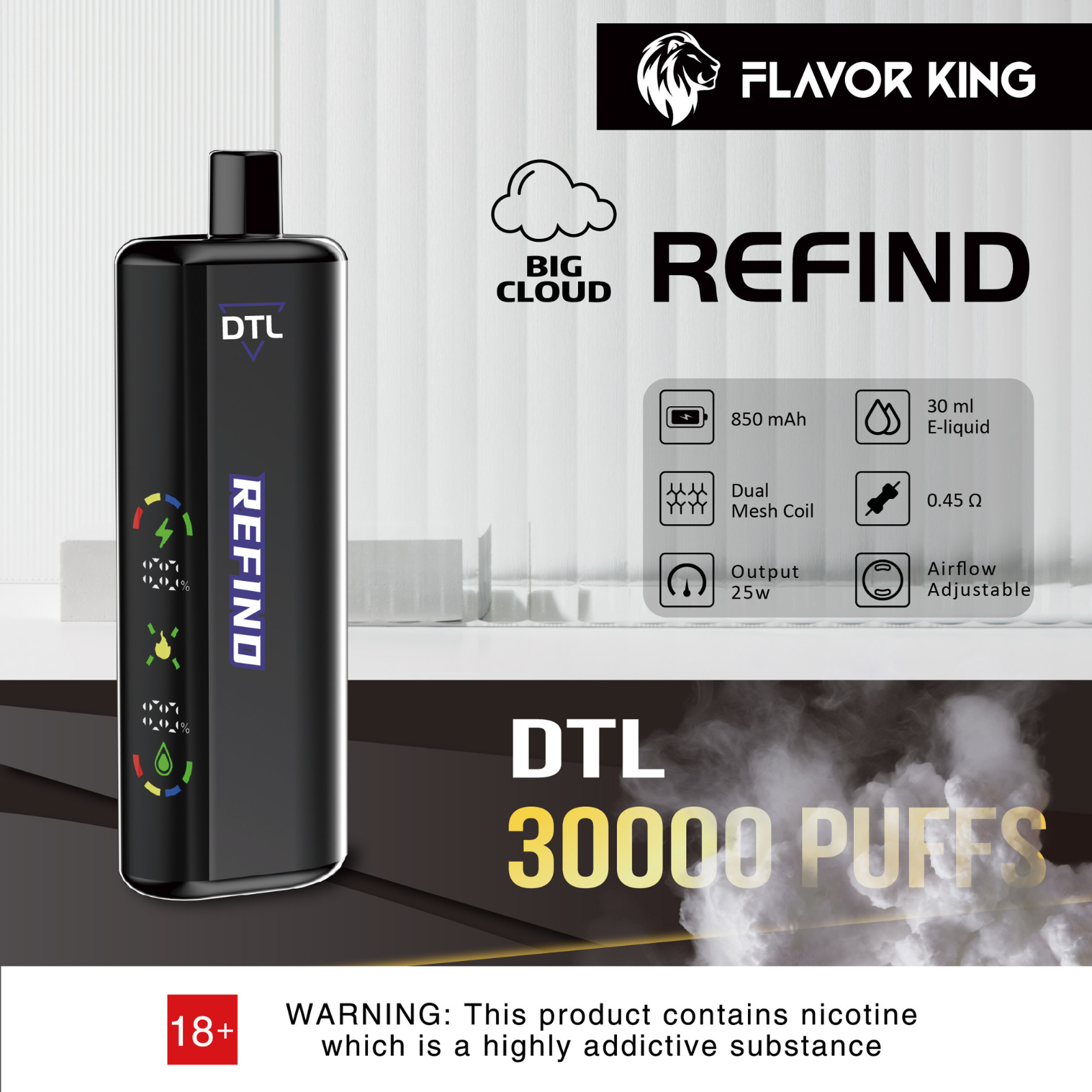 Flavor King DTL 30000 Puffs Adjustable Airflow Disposable Vape E-Shisha 5% 50mg NIC