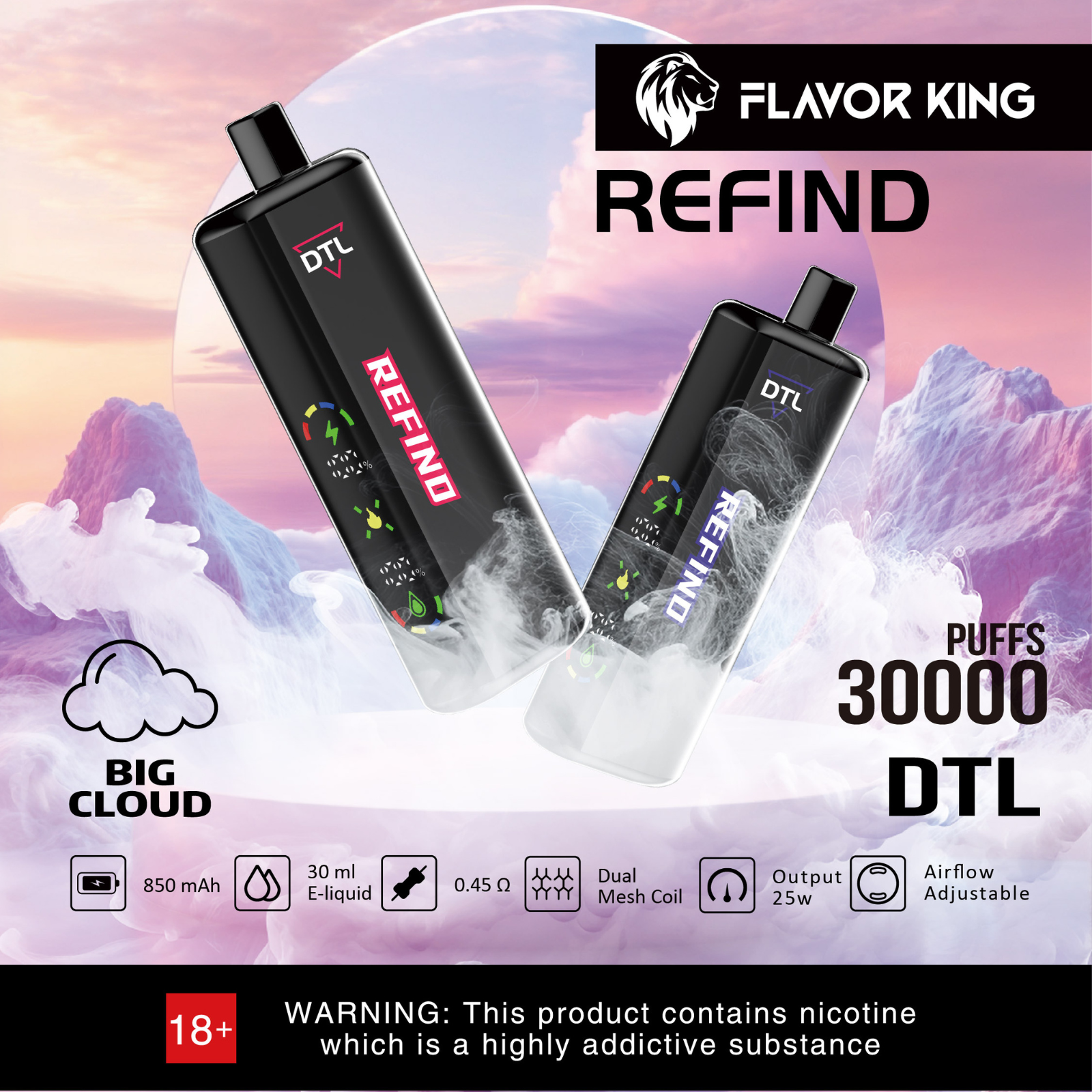 Flavor King DTL 30000 Puffs Adjustable Airflow Disposable Vape E-Shisha 5% 50mg NIC