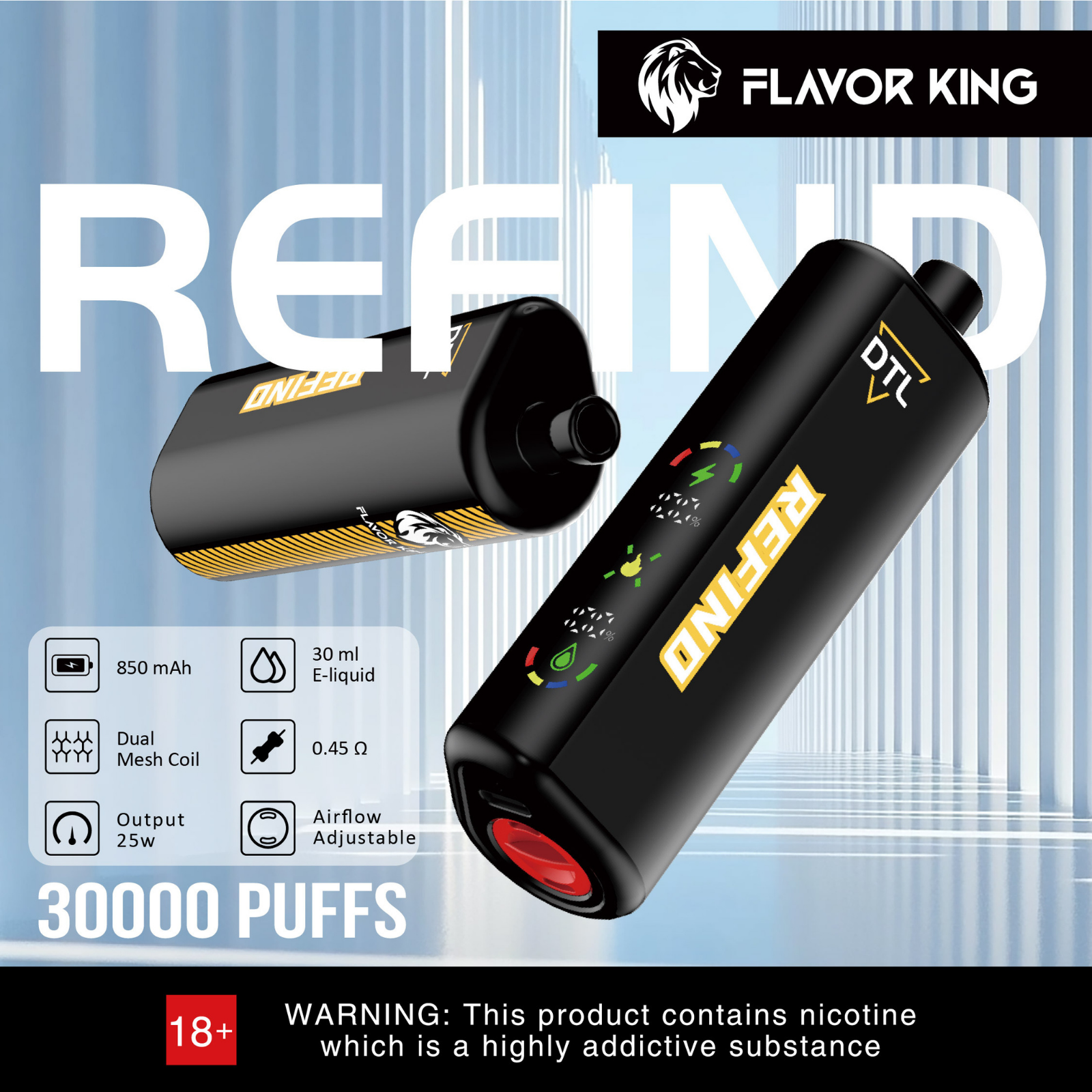 Flavor King DTL 30000 Puffs Adjustable Airflow Disposable Vape E-Shisha 5% 50mg NIC