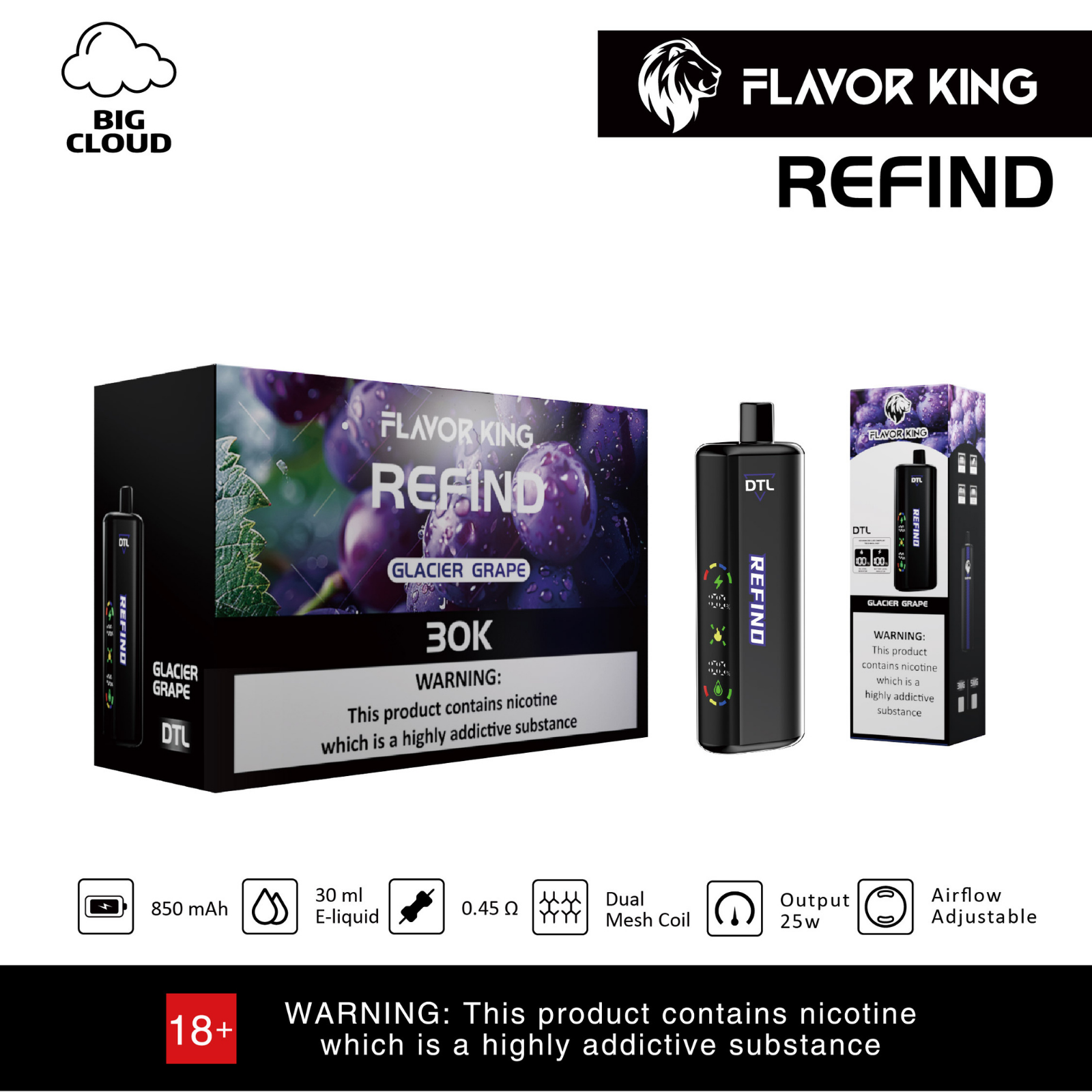 Flavor King DTL 30000 Puffs Adjustable Airflow Disposable Vape E-Shisha 5% 50mg NIC