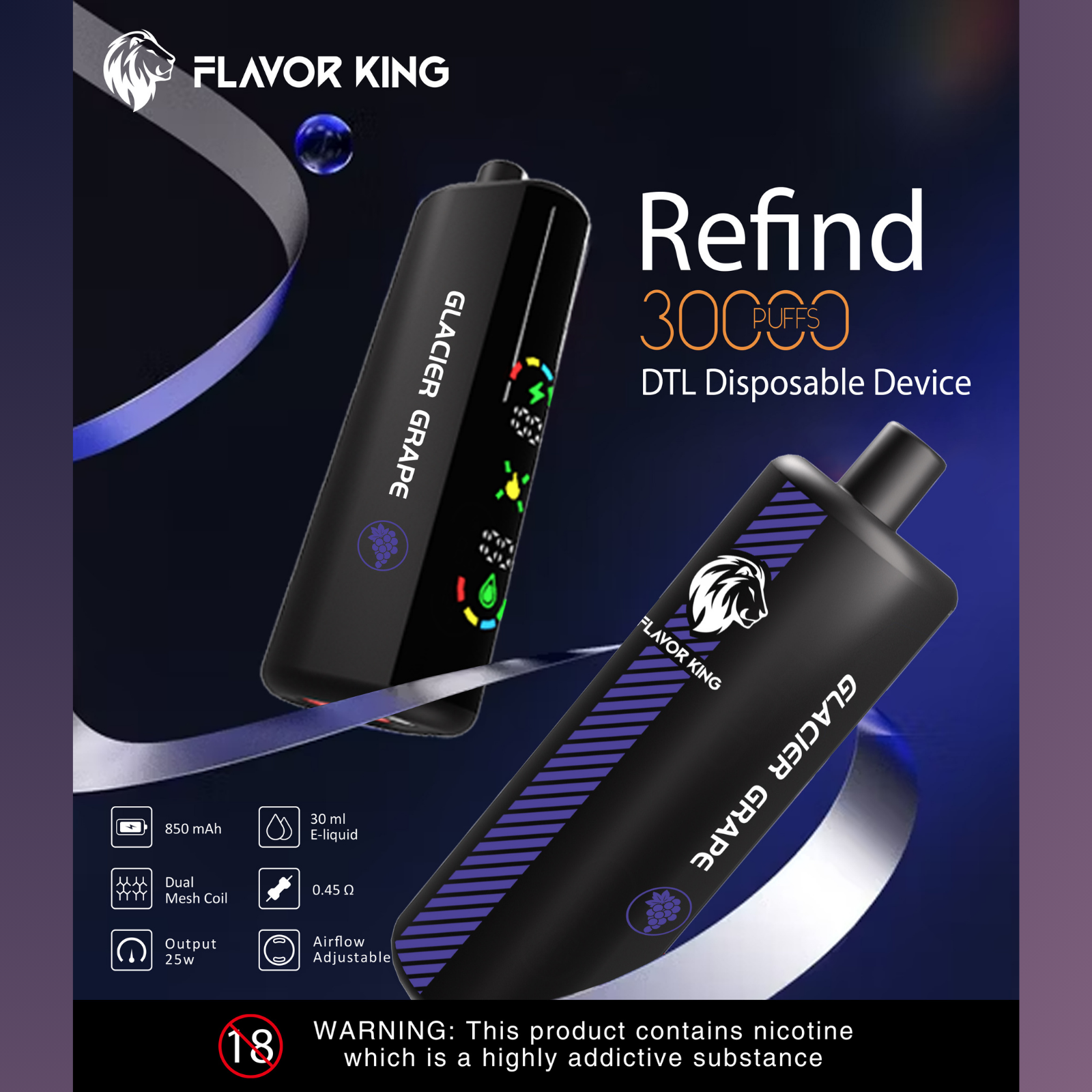 Flavor King DTL 30000 Puffs Adjustable Airflow Disposable Vape E-Shisha 5% 50mg NIC