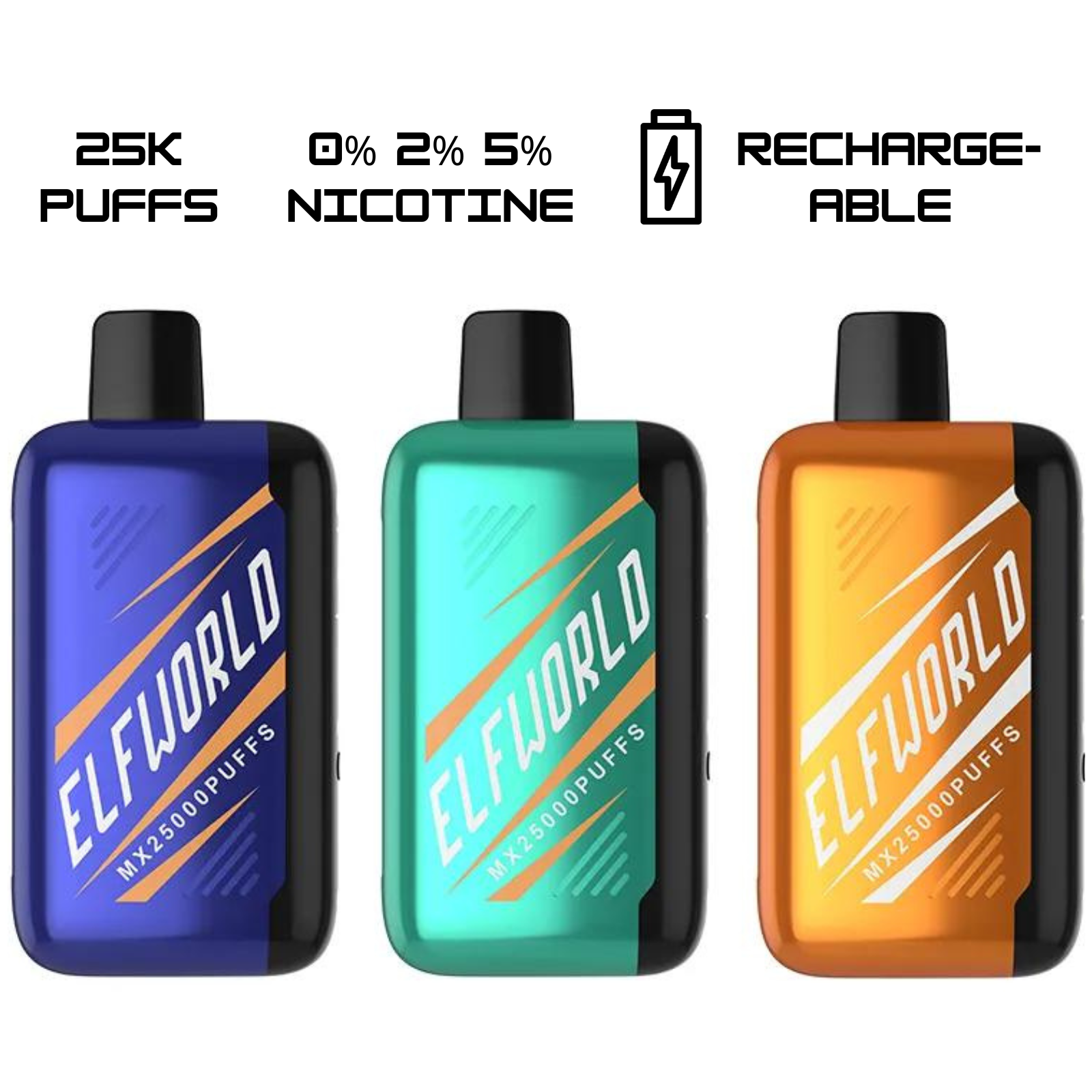 Elf World MX25000 Side Screen Disposable Vape 25000 Puffs 0% 0mg Nic Free 2% 20mg Nic and 5% 50mg Nic