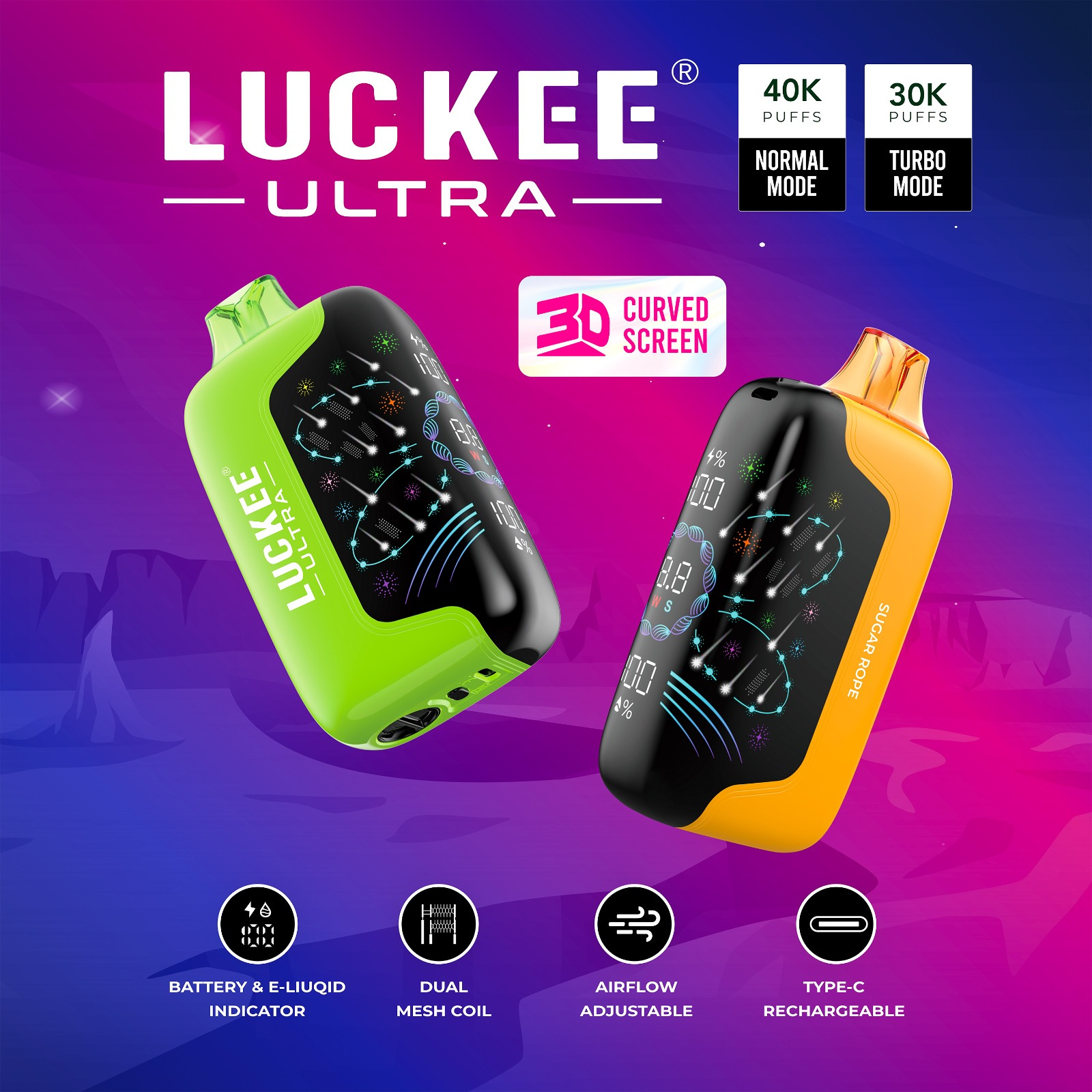 Luckee Ultra 40000 Puffs Adjustable Airflow Stylish 3D Design Disposable Vape 5% 50mg NIC