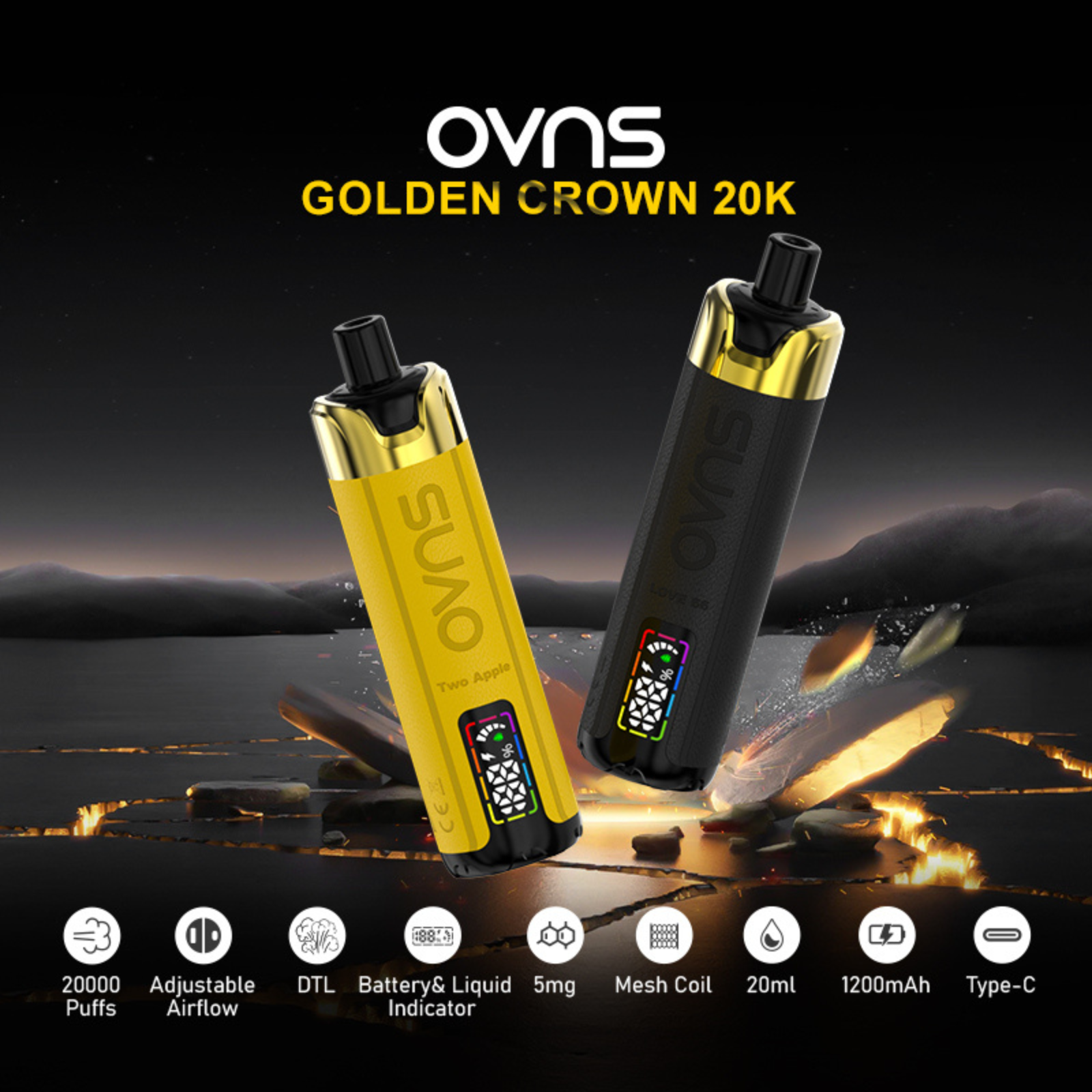 OVNS Golden Crown 20000 Puffs Disposable Vape Dual Digital Screens, Adjustable Airflow, Dual Mesh Coil, 1% 10mg NIC