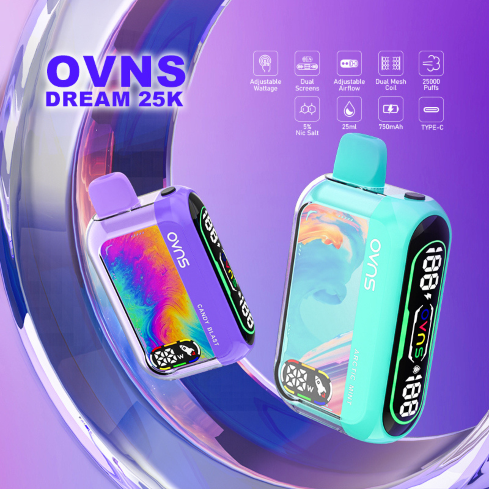 OVNS Dream 25000 Puffs Disposable Vape – Dual Digital Screens, Adjustable Airflow & Wattage, Dual Mesh Coil, 5% 50mg NIC