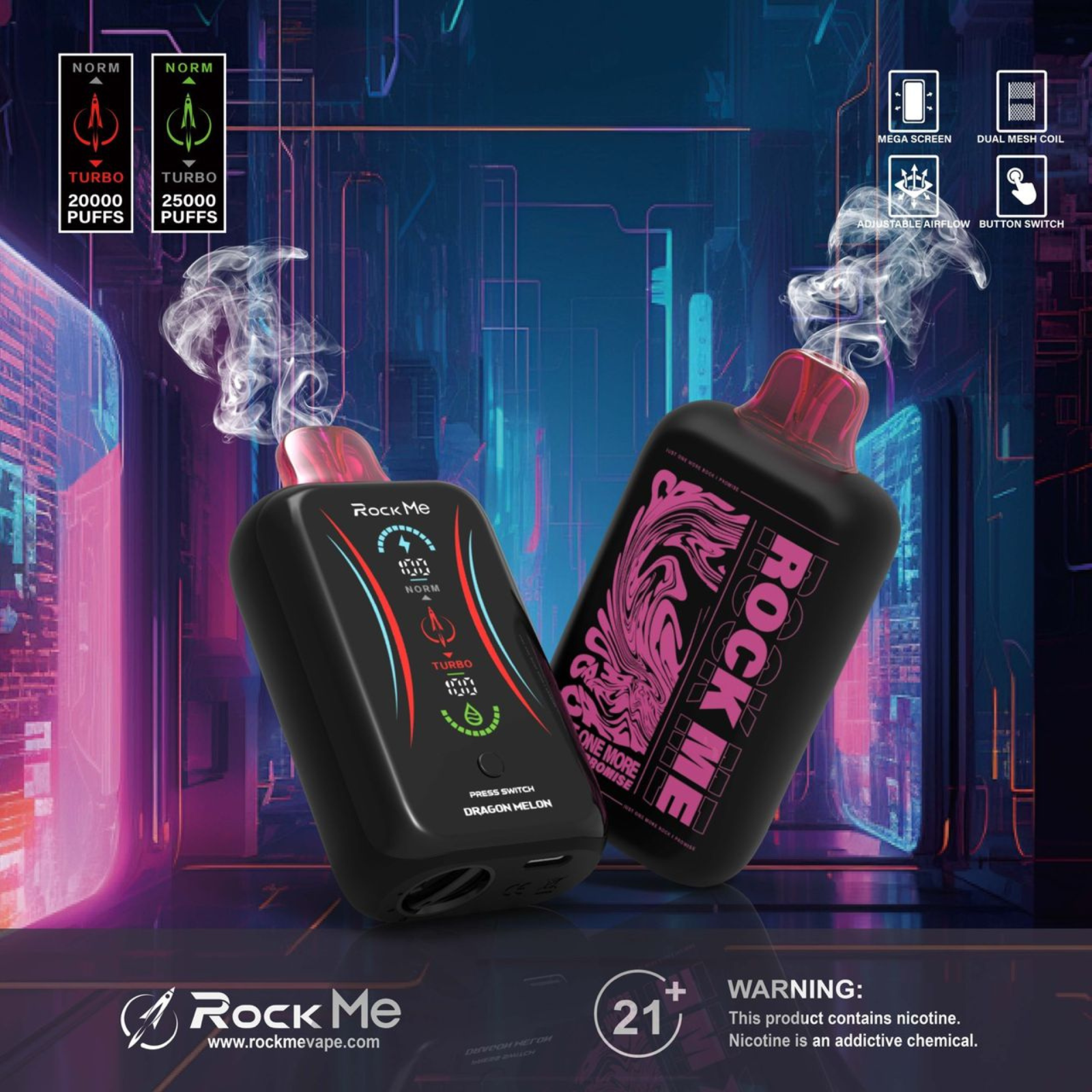 Rock Me 25000 Puffs Disposable Vape Dual Mesh Coil, Airflow Control, 5% 50mg NIC