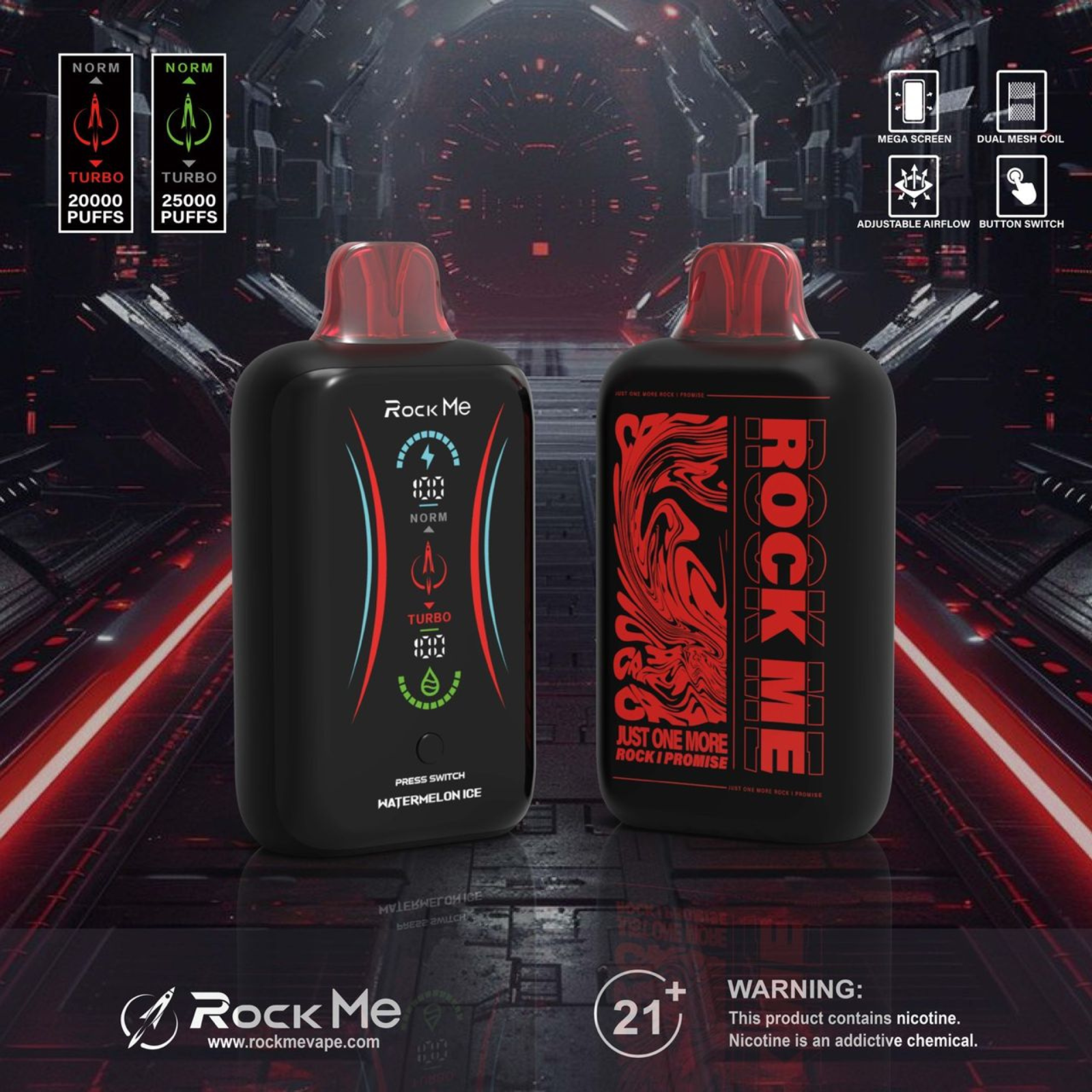 Rock Me 25000 Puffs Disposable Vape Dual Mesh Coil, Airflow Control, 5% 50mg NIC