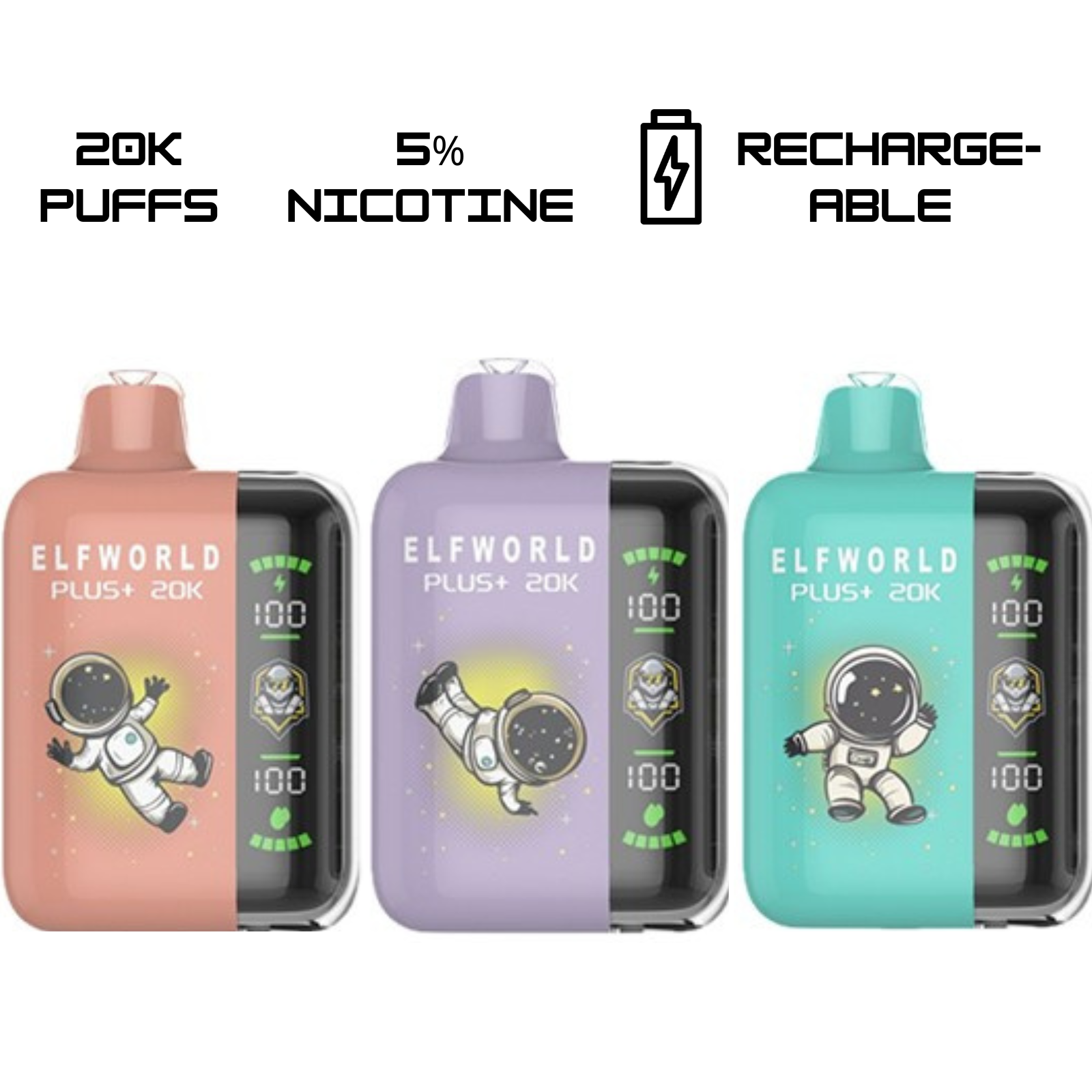 Elf World Plus 20000 Puffs Animated Screen Disposable Vape 2% 20mg Nic and 5% 50mg Nic