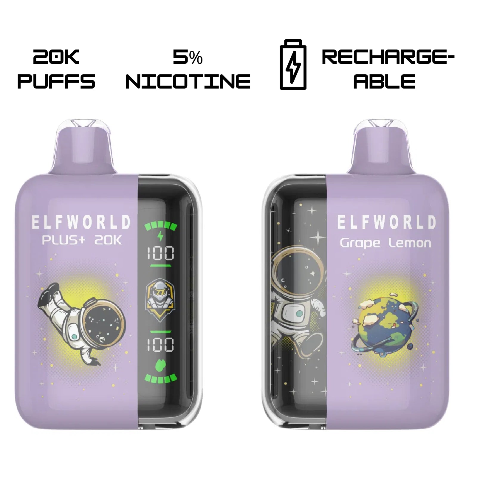 Elf World Plus 20000 Puffs Animated Screen Disposable Vape 2% 20mg Nic and 5% 50mg Nic